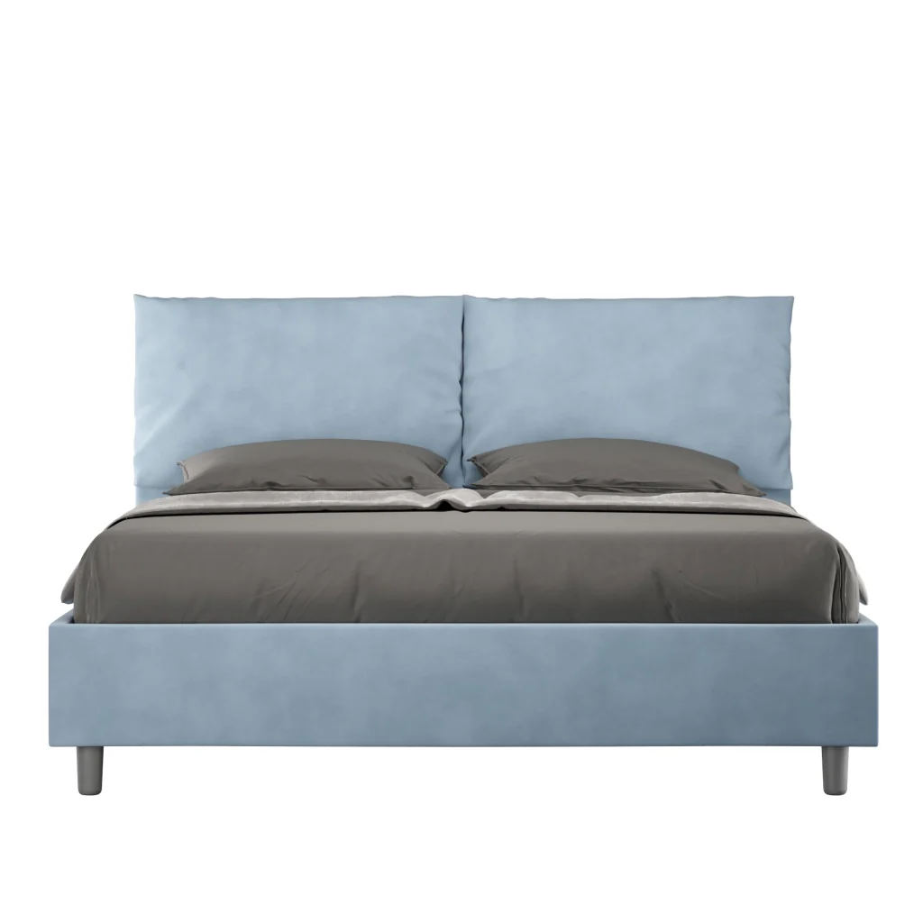 BS COM Letto matrimoniale contenitore doppia alzata imbottito 160x200 microfibra azzurro