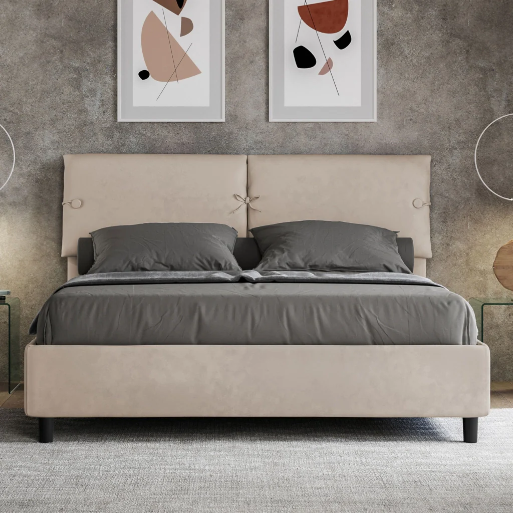 BS COM Letto matrimoniale contenitore doppia alzata imbottito 160x200 microfibra sabbia - Image 4
