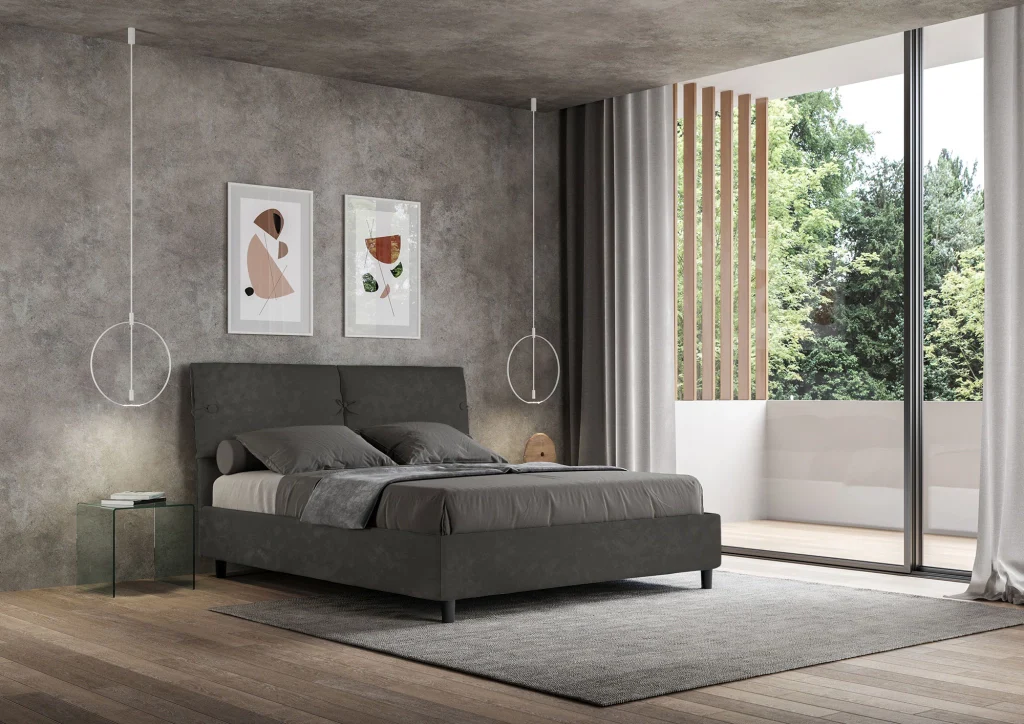 BS COM Letto matrimoniale contenitore doppia alzata imbottito 160x210 microfibra grigio - Image 4