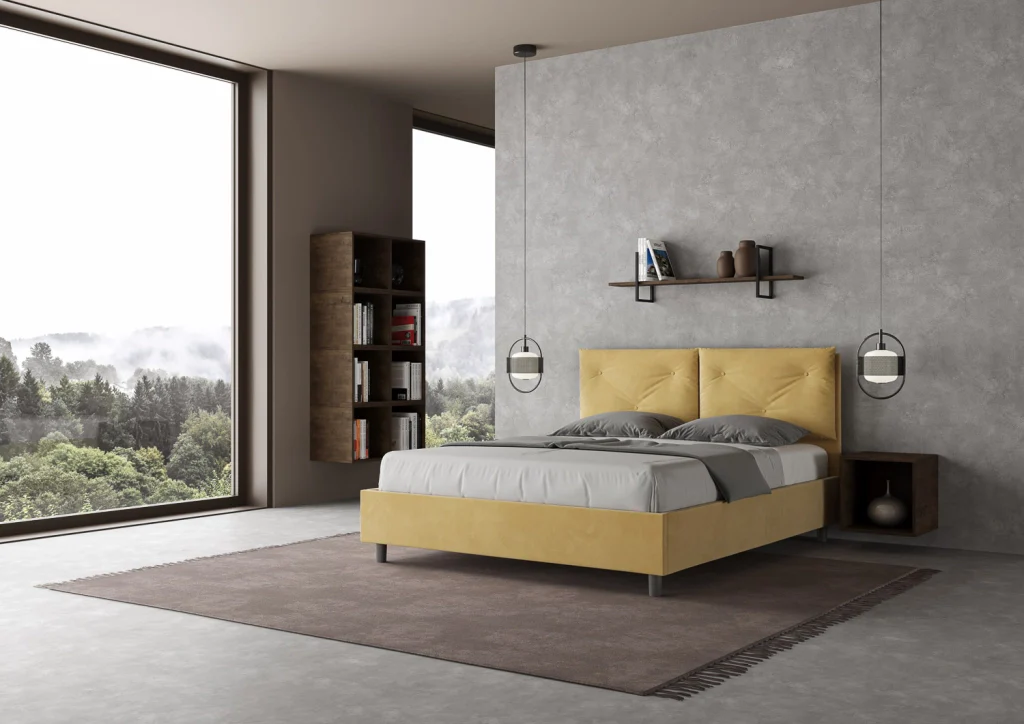 BS COM Letto matrimoniale contenitore doppia alzata imbottito 160x210 microfibra ocra - Image 5