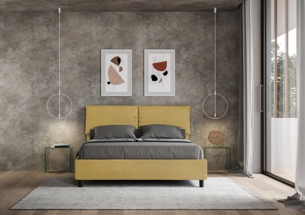 BS COM Letto matrimoniale contenitore doppia alzata imbottito 160x210 microfibra ocra - Image 3