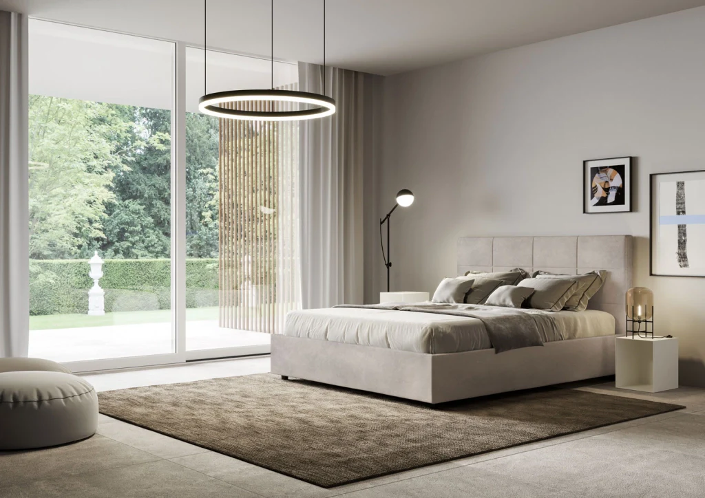 BS COM Letto matrimoniale contenitore doppia alzata imbottito 160x210 microfibra sabbia - Image 4