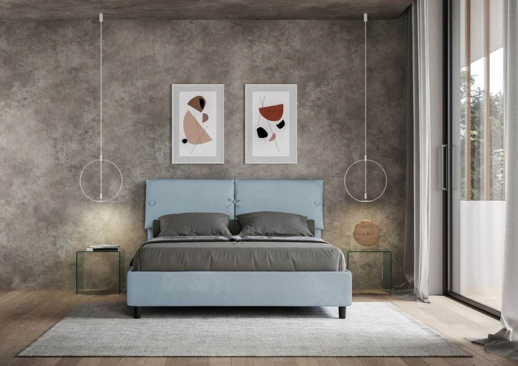 BS COM Letto matrimoniale contenitore imbottito 160x190 microfibra azzurro - Image 2