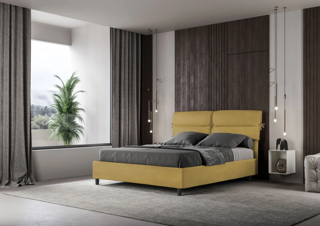 BS COM Letto matrimoniale contenitore imbottito 160x190 microfibra ocra - Image 2