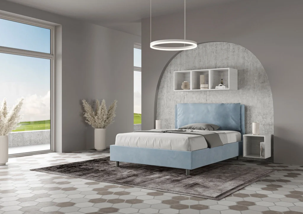 BS COM Letto matrimoniale francese con rete imbottito 140x190 microfibra azzurro Large - Image 3