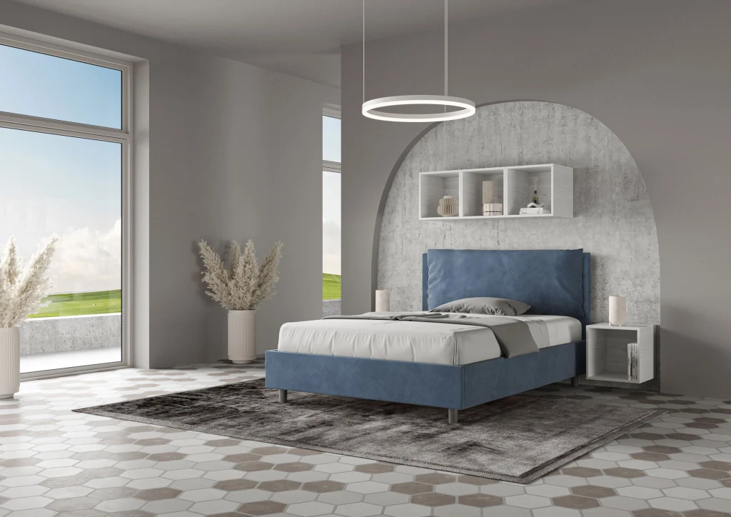 BS COM Letto matrimoniale francese con rete imbottito 140x190 microfibra blu Large - Image 3