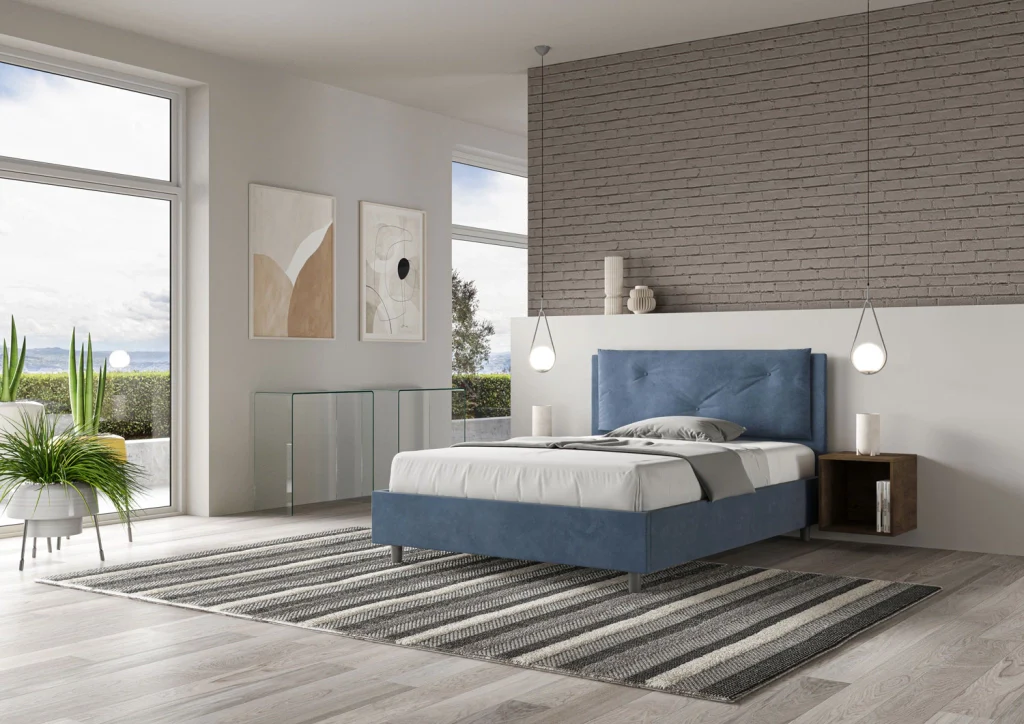 BS COM Letto matrimoniale francese con rete imbottito 140x190 microfibra blu Large - Image 2