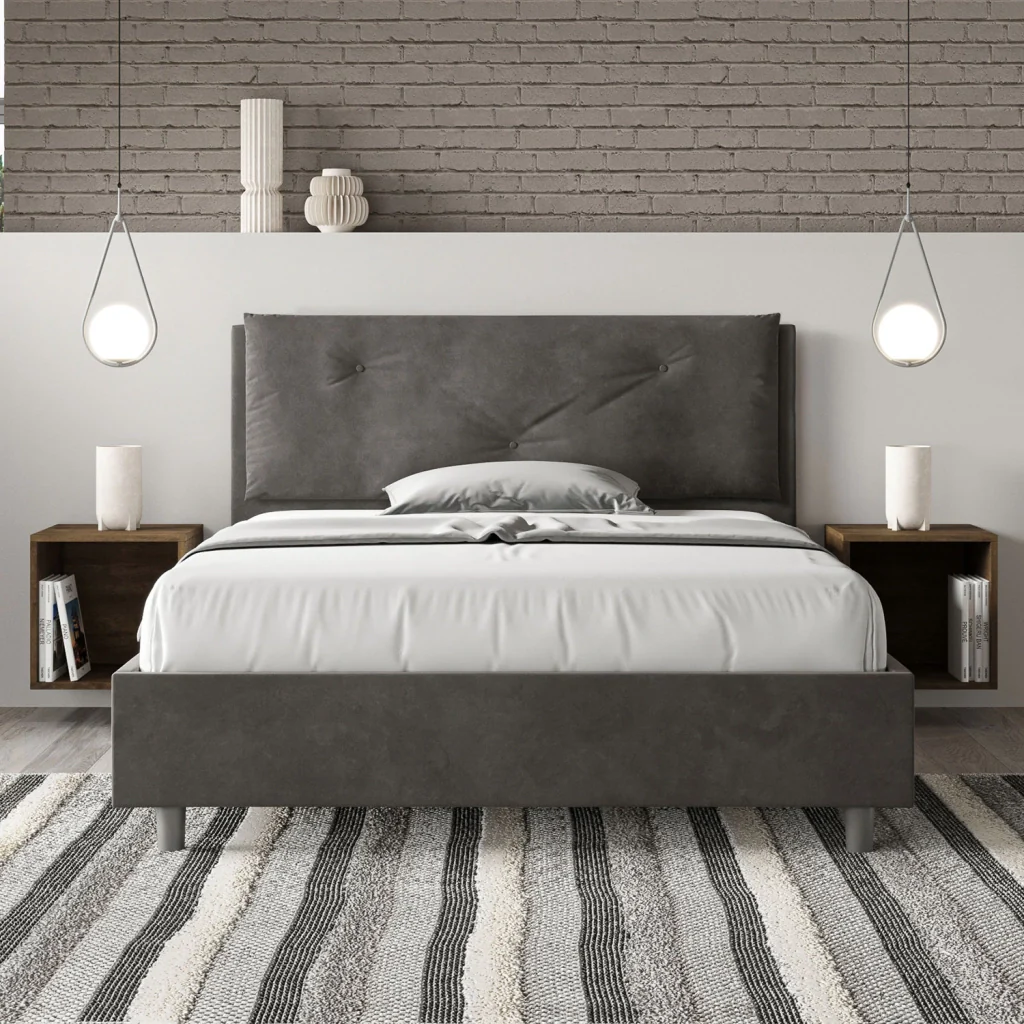 BS COM Letto matrimoniale francese con rete imbottito 140x190 microfibra grigio Large - Image 2