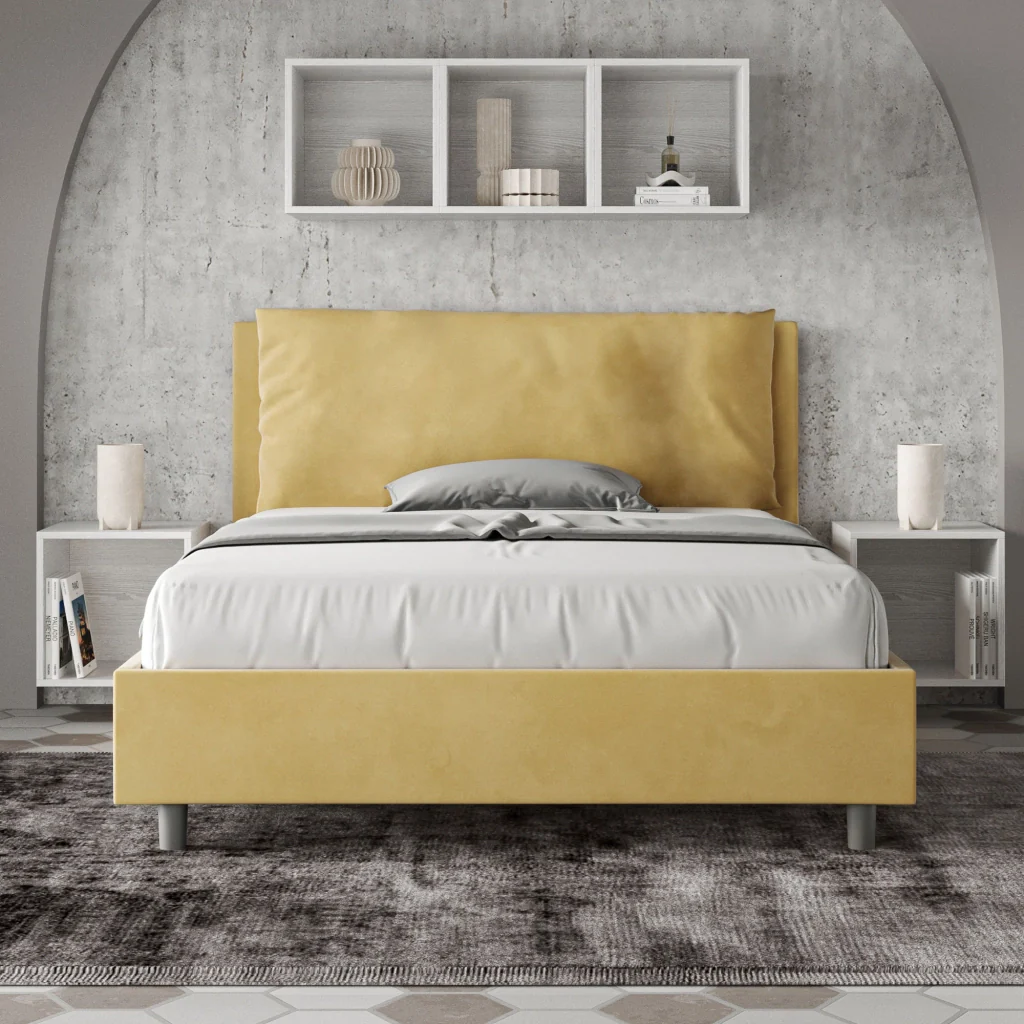 BS COM Letto matrimoniale francese con rete imbottito 140x190 microfibra ocra Large - Image 4