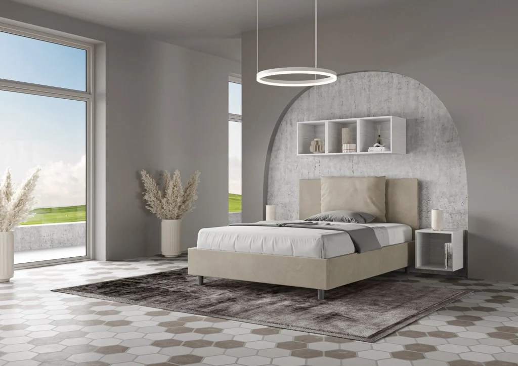 BS COM Letto matrimoniale francese con rete imbottito 140x190 microfibra sabbia - Image 4