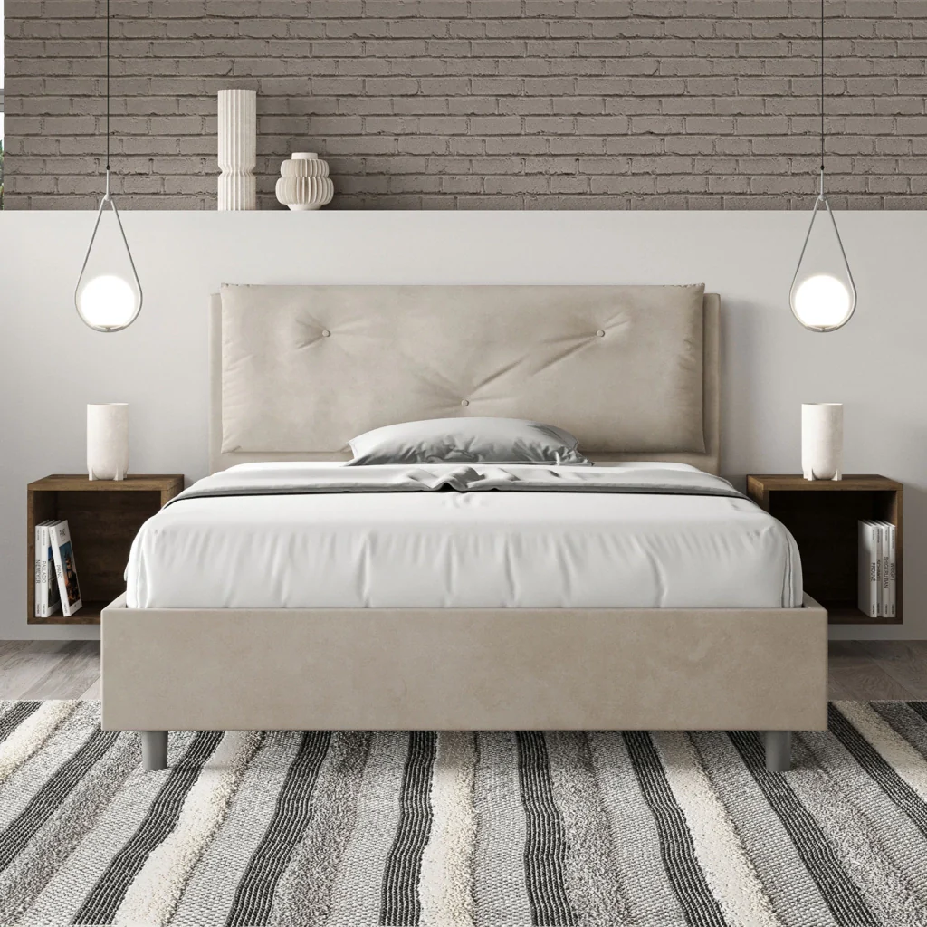 BS COM Letto matrimoniale francese con rete imbottito 140x190 microfibra sabbia Large - Image 4