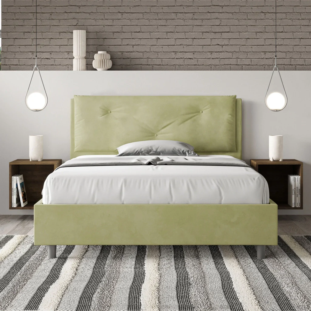 BS COM Letto matrimoniale francese con rete imbottito 140x190 microfibra tè verde Large - Image 4