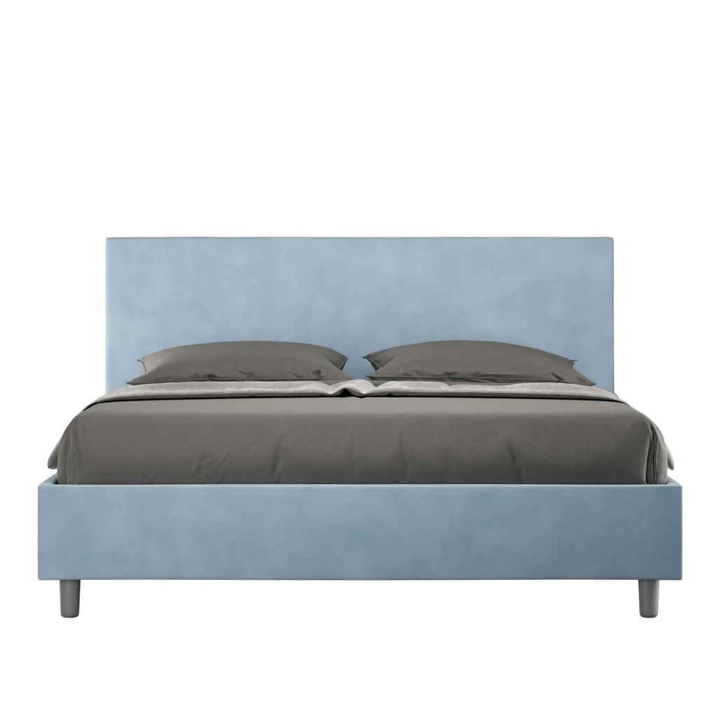 BS COM Letto matrimoniale francese con rete imbottito 140x200 microfibra azzurro