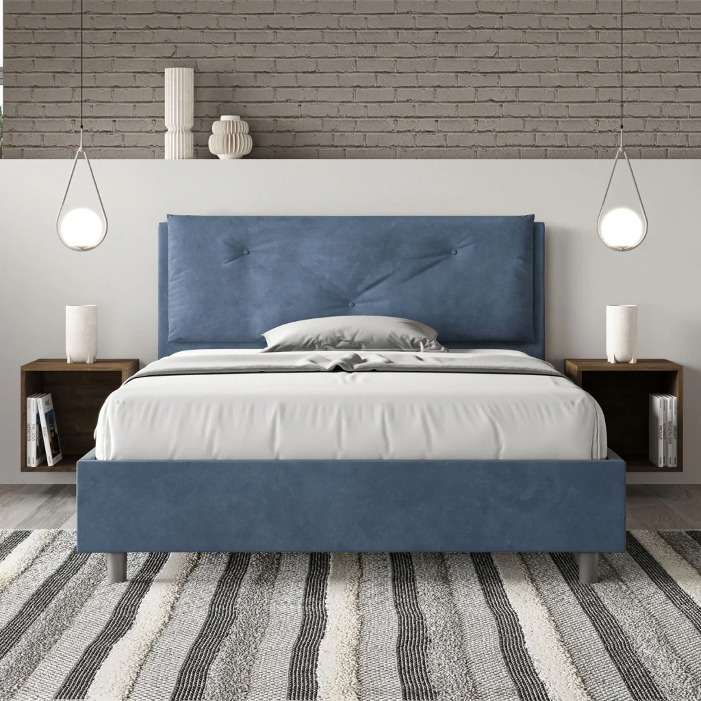 BS COM Letto matrimoniale francese con rete imbottito 140x200 microfibra blu Large - Image 2