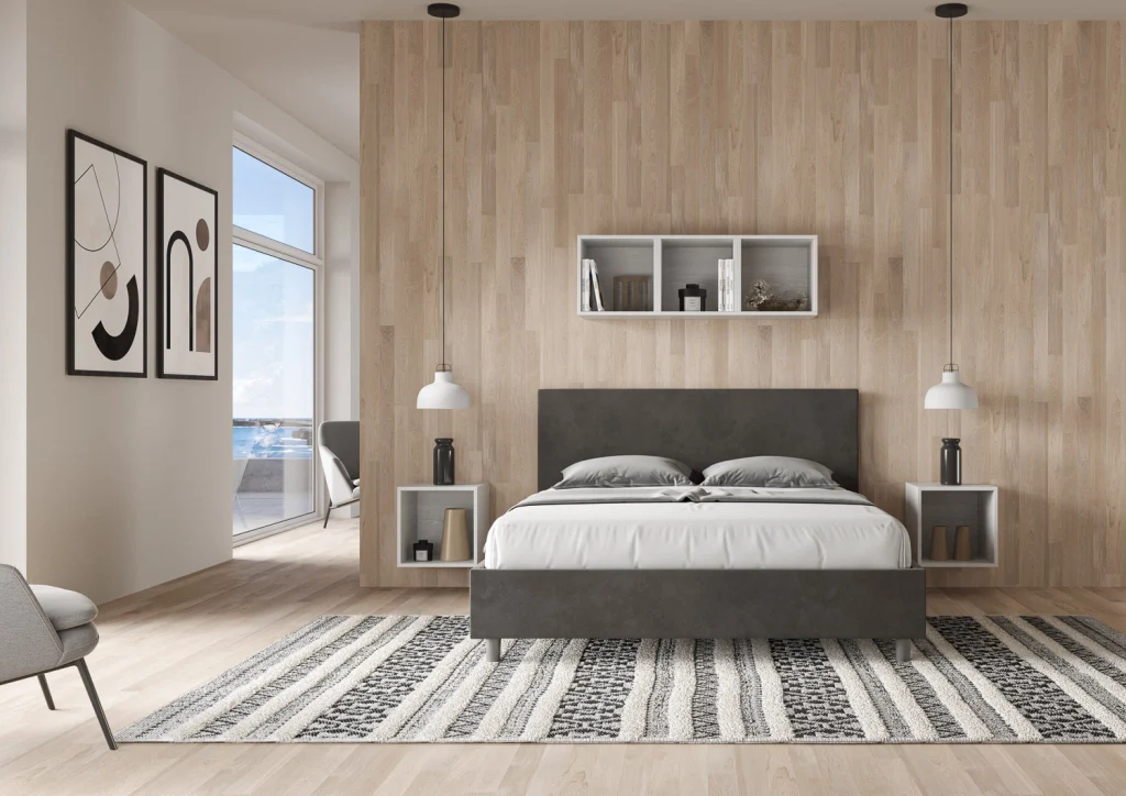 BS COM Letto matrimoniale francese con rete imbottito 140x210 microfibra grigio - Image 3