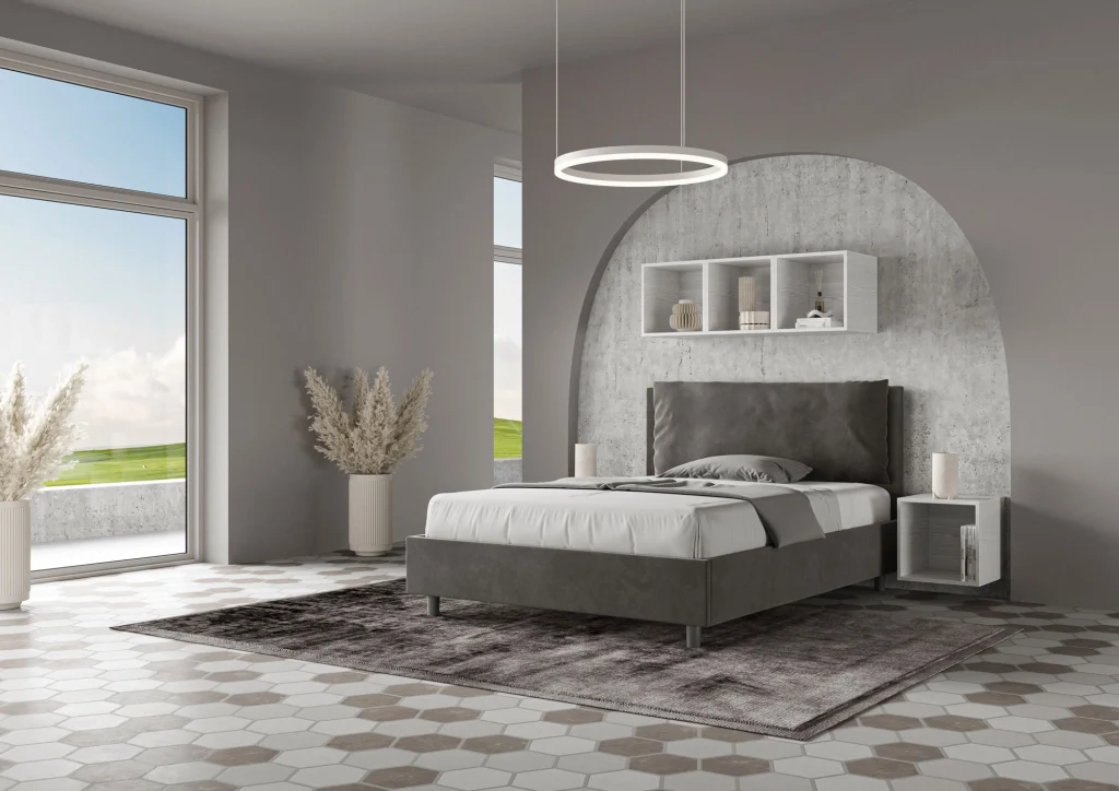 BS COM Letto matrimoniale francese con rete imbottito 140x210 microfibra grigio Large - Image 4