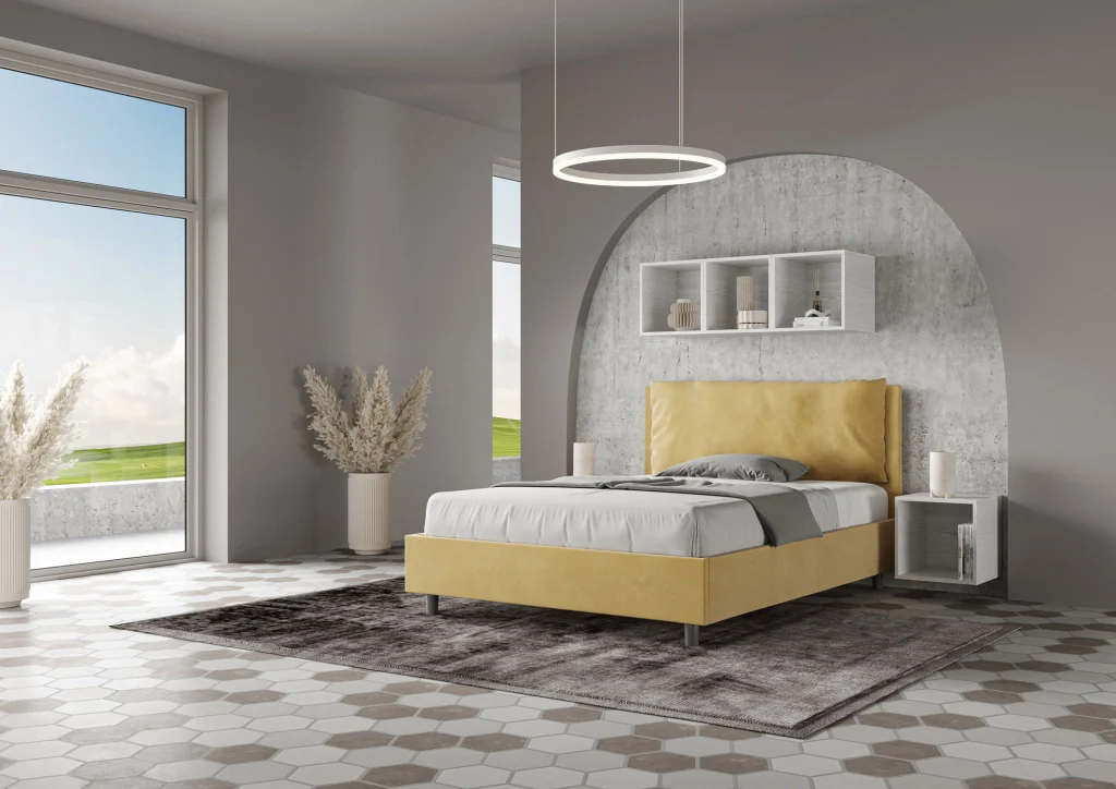 BS COM Letto matrimoniale francese con rete imbottito 140x210 microfibra ocra Large - Image 3