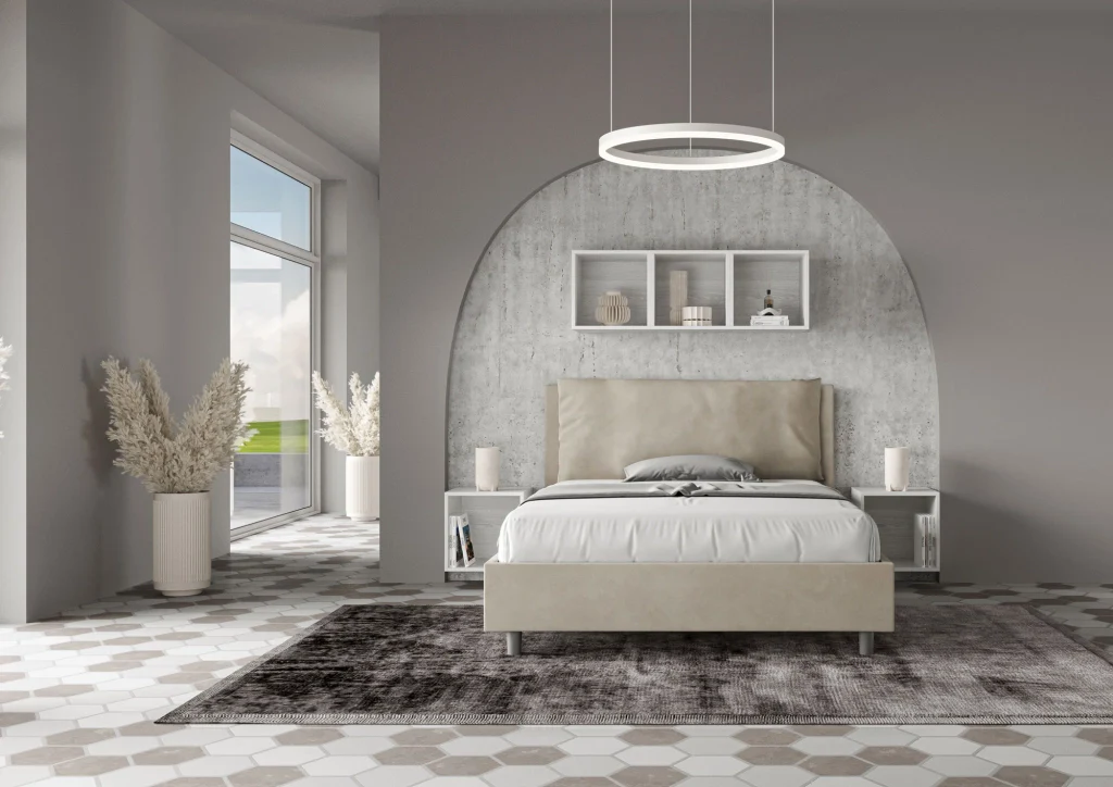 BS COM Letto matrimoniale francese con rete imbottito 140x210 microfibra sabbia Large - Image 3