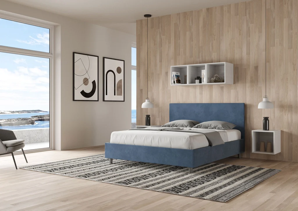 BS COM Letto matrimoniale francese contenitore imbottito 140x190 microfibra blu - Image 3