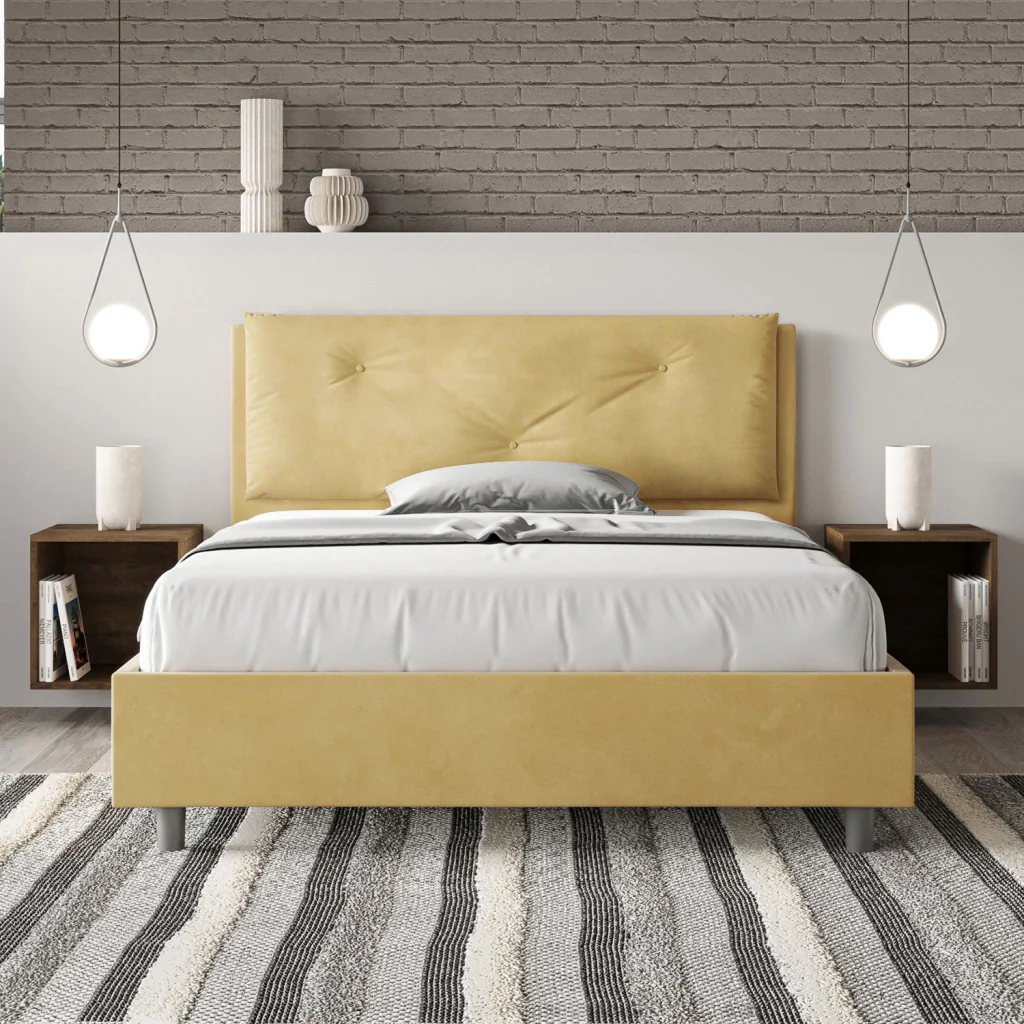 BS COM Letto matrimoniale francese contenitore imbottito 140x190 microfibra ocra Large - Image 3