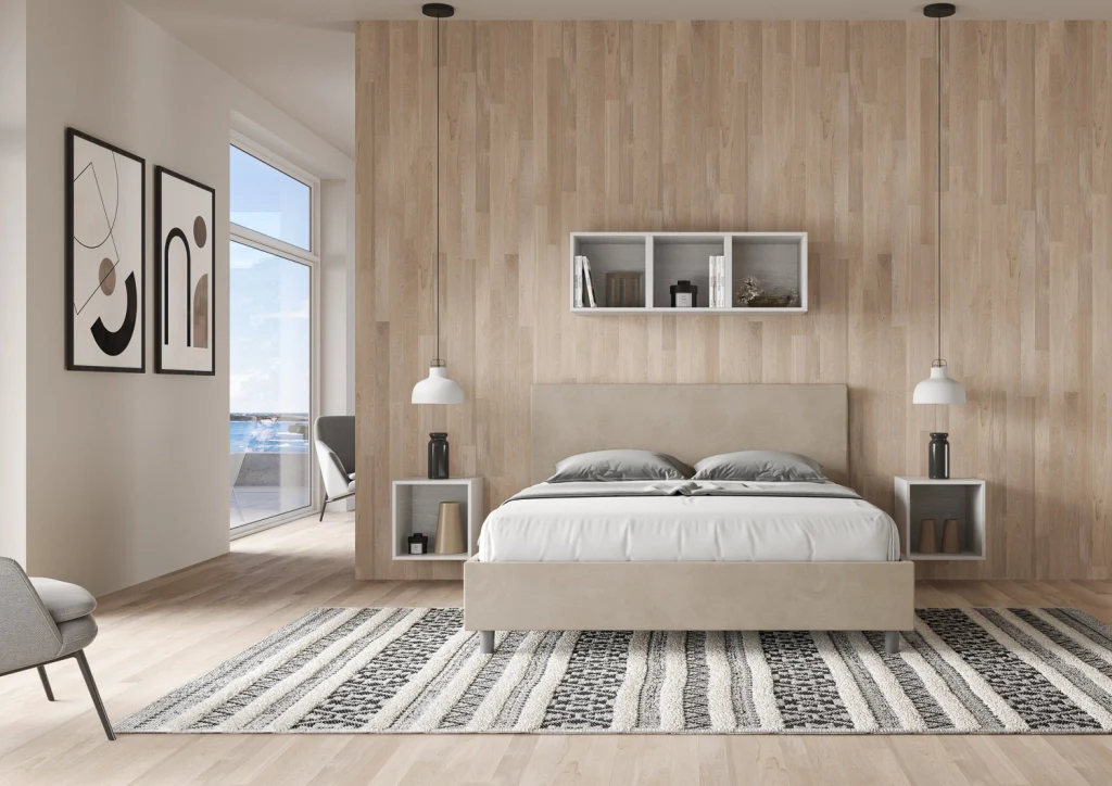 BS COM Letto matrimoniale francese contenitore imbottito 140x190 microfibra sabbia - Image 3