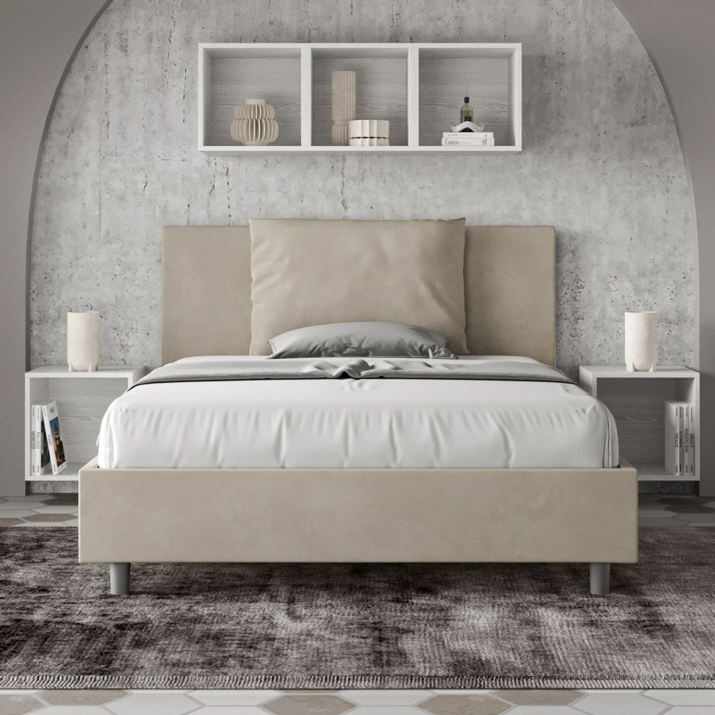 BS COM Letto matrimoniale francese contenitore imbottito 140x190 microfibra sabbia - Image 3
