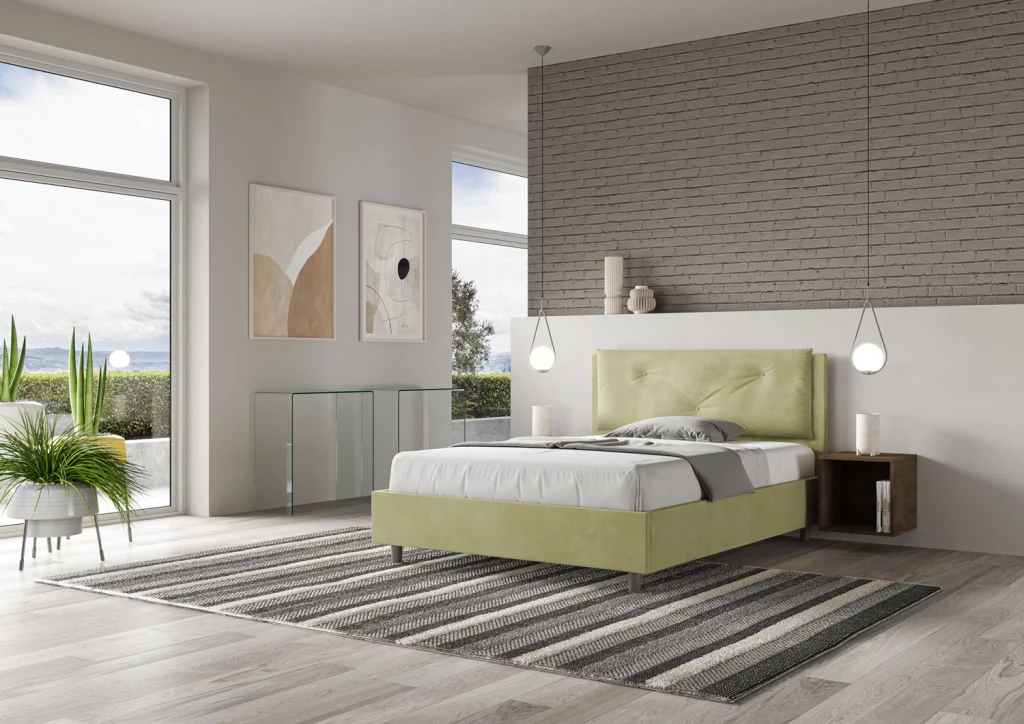 BS COM Letto matrimoniale francese contenitore imbottito 140x200 microfibra tè verde Large - Image 2
