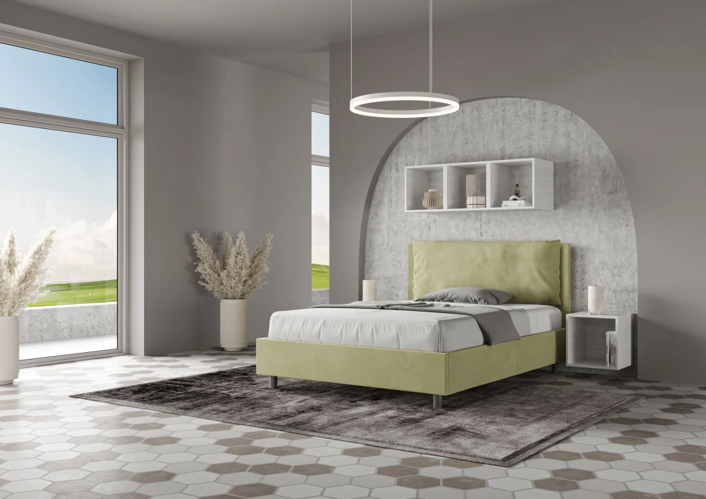 BS COM Letto matrimoniale francese contenitore imbottito 140x210 microfibra tè verde Large - Image 4