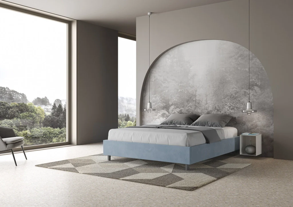 BS COM Letto matrimoniale francese senza rete imbottito 140x190 microfibra azzurro - Image 2