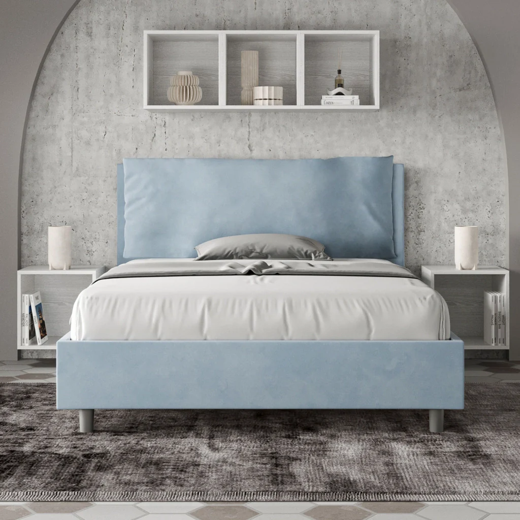 BS COM Letto matrimoniale francese senza rete imbottito 140x190 microfibra azzurro Large - Image 2