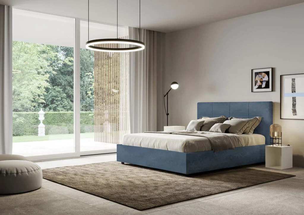 BS COM Letto matrimoniale francese senza rete imbottito 140x190 microfibra blu - Image 2