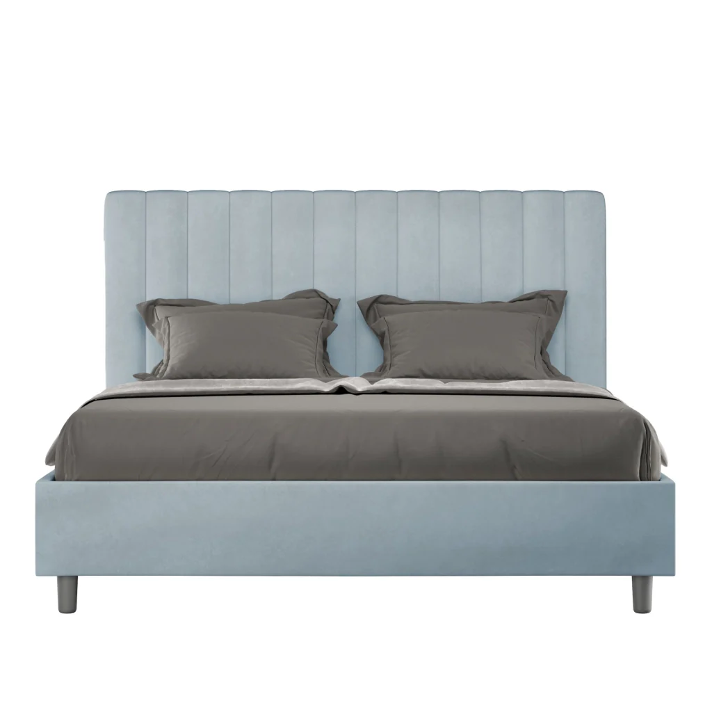BS COM Letto matrimoniale francese senza rete imbottito 140x200 microfibra azzurro