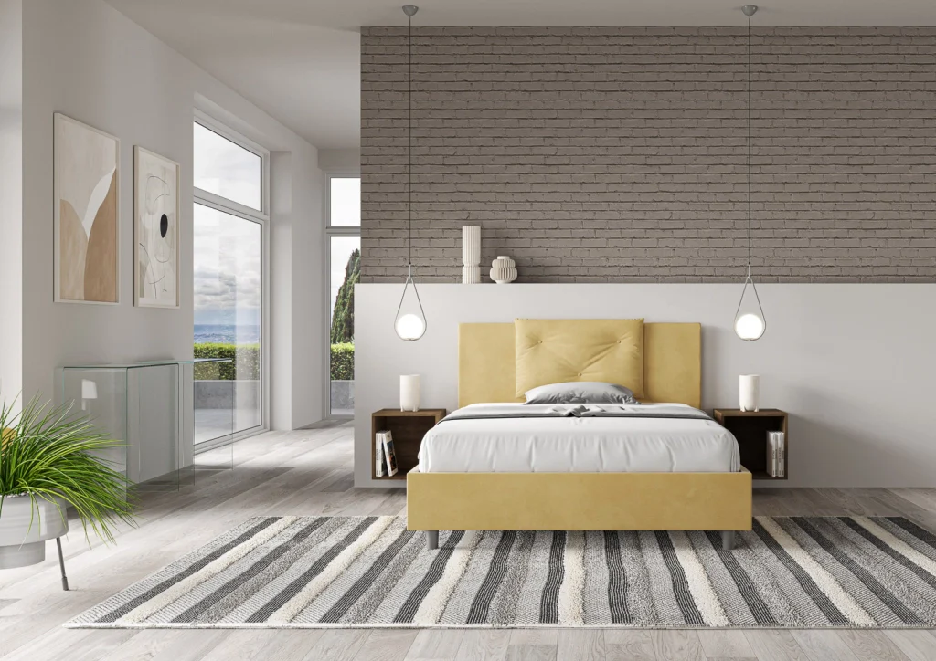 BS COM Letto matrimoniale francese senza rete imbottito 140x200 microfibra ocra - Image 4