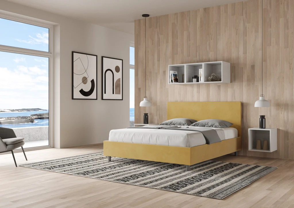 BS COM Letto matrimoniale francese senza rete imbottito 140x200 microfibra ocra - Image 4
