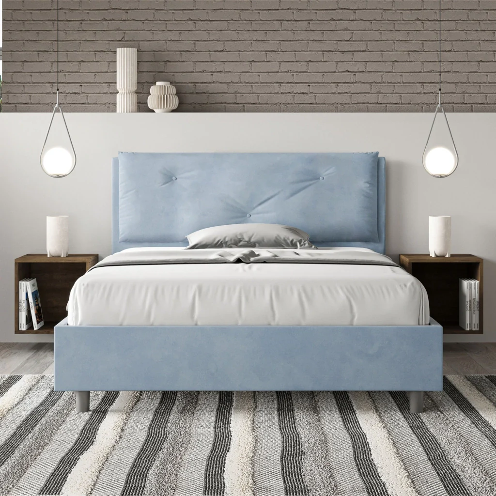 BS COM Letto matrimoniale francese senza rete imbottito 140x210 microfibra azzurro Large - Image 2