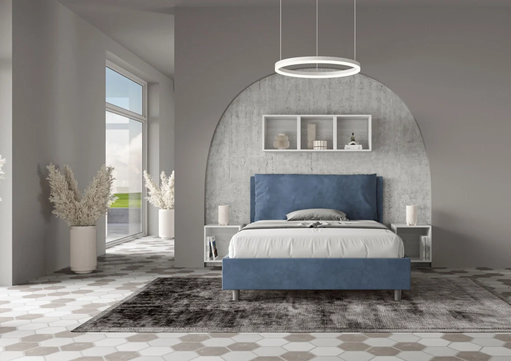 BS COM Letto matrimoniale francese senza rete imbottito 140x210 microfibra blu Large - Image 3