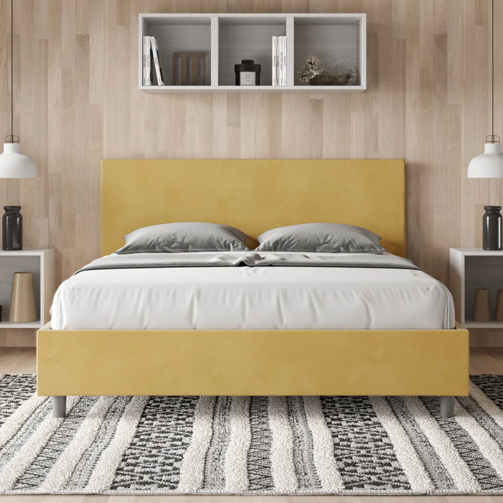 BS COM Letto matrimoniale francese senza rete imbottito 140x210 microfibra ocra - Image 2