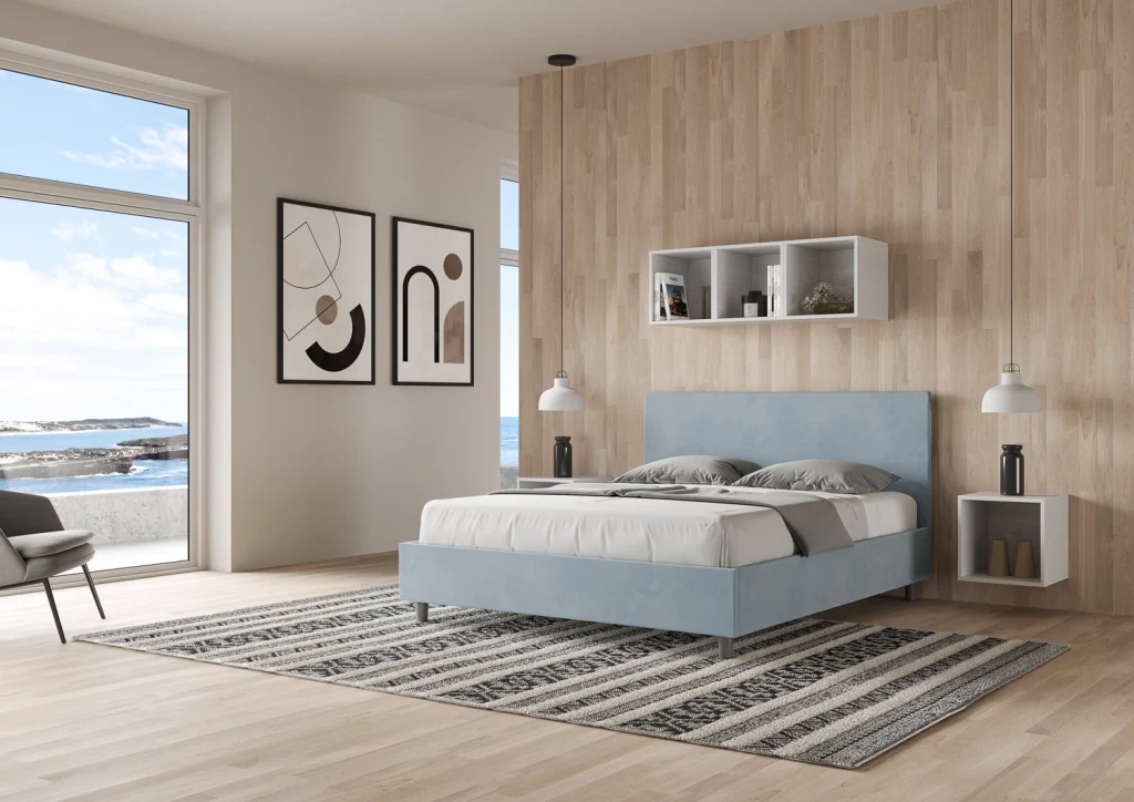 BS COM Letto matrimoniale king size con rete imbottito 170x190 microfibra azzurro - Image 4