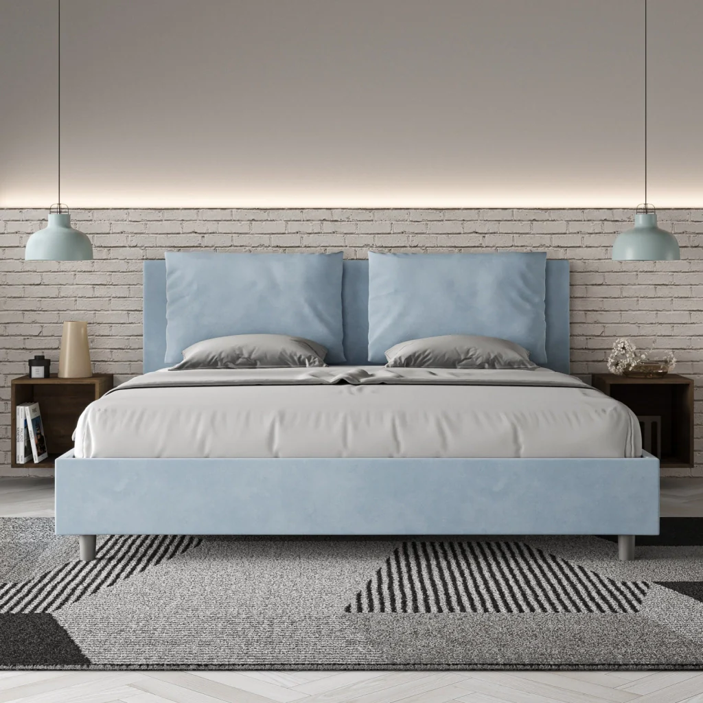 BS COM Letto matrimoniale king size con rete imbottito 170x190 microfibra azzurro - Image 3