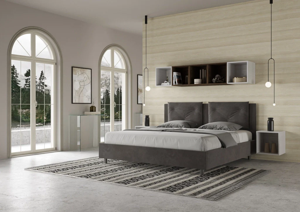 BS COM Letto matrimoniale king size con rete imbottito 170x190 microfibra grigio - Image 2