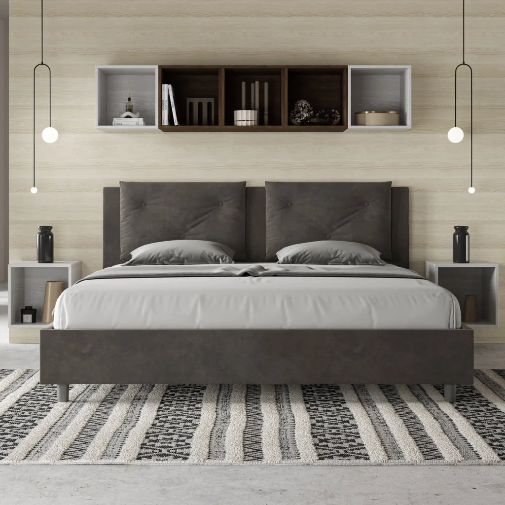 BS COM Letto matrimoniale king size con rete imbottito 170x200 microfibra grigio - Image 2