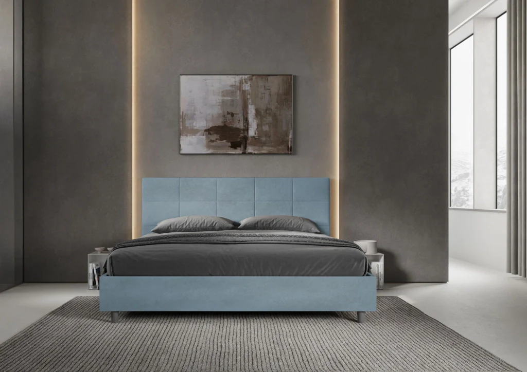 BS COM Letto matrimoniale king size con rete imbottito 180x190 microfibra azzurro - Image 2