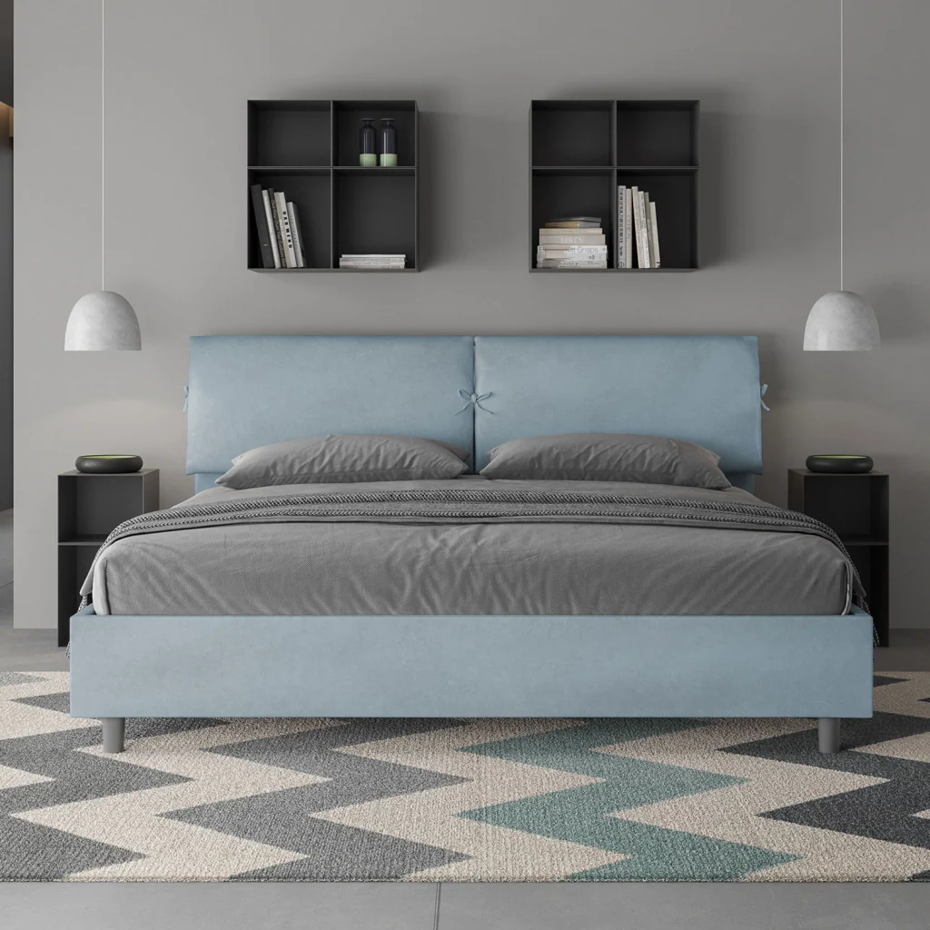 BS COM Letto matrimoniale king size con rete imbottito 180x190 microfibra azzurro - Image 4