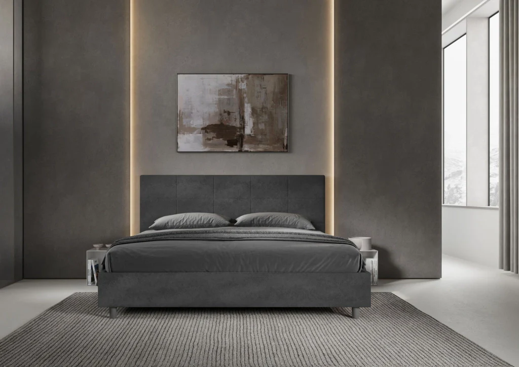 BS COM Letto matrimoniale king size con rete imbottito 180x210 microfibra grigio - Image 2