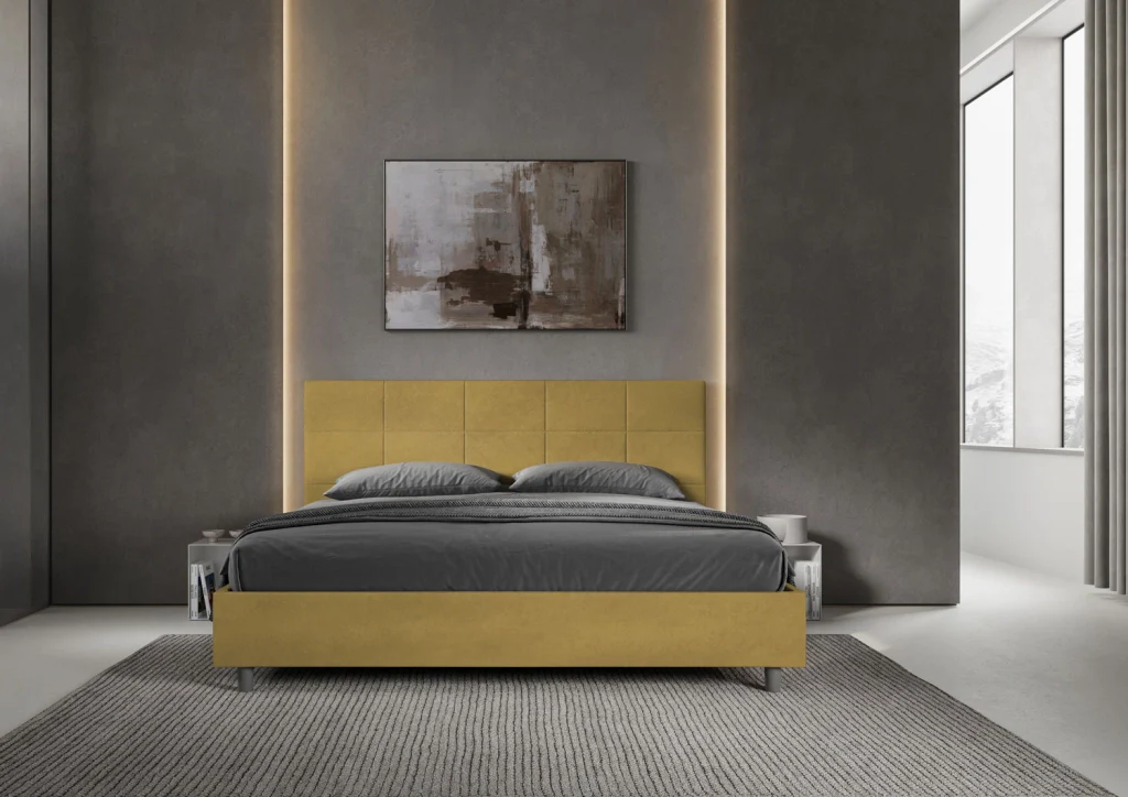 BS COM Letto matrimoniale king size con rete imbottito 180x210 microfibra ocra - Image 2