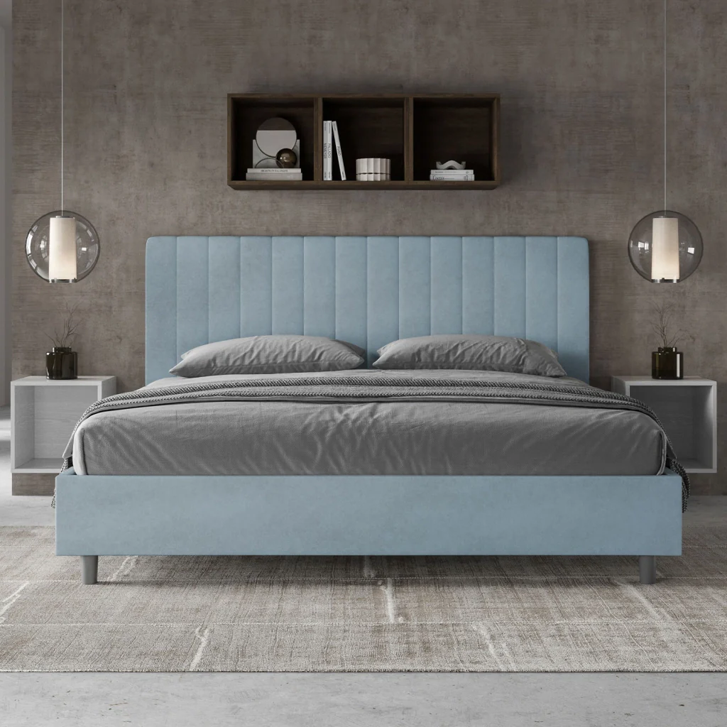 BS COM Letto matrimoniale king size con rete imbottito 190x190 microfibra azzurro - Image 4