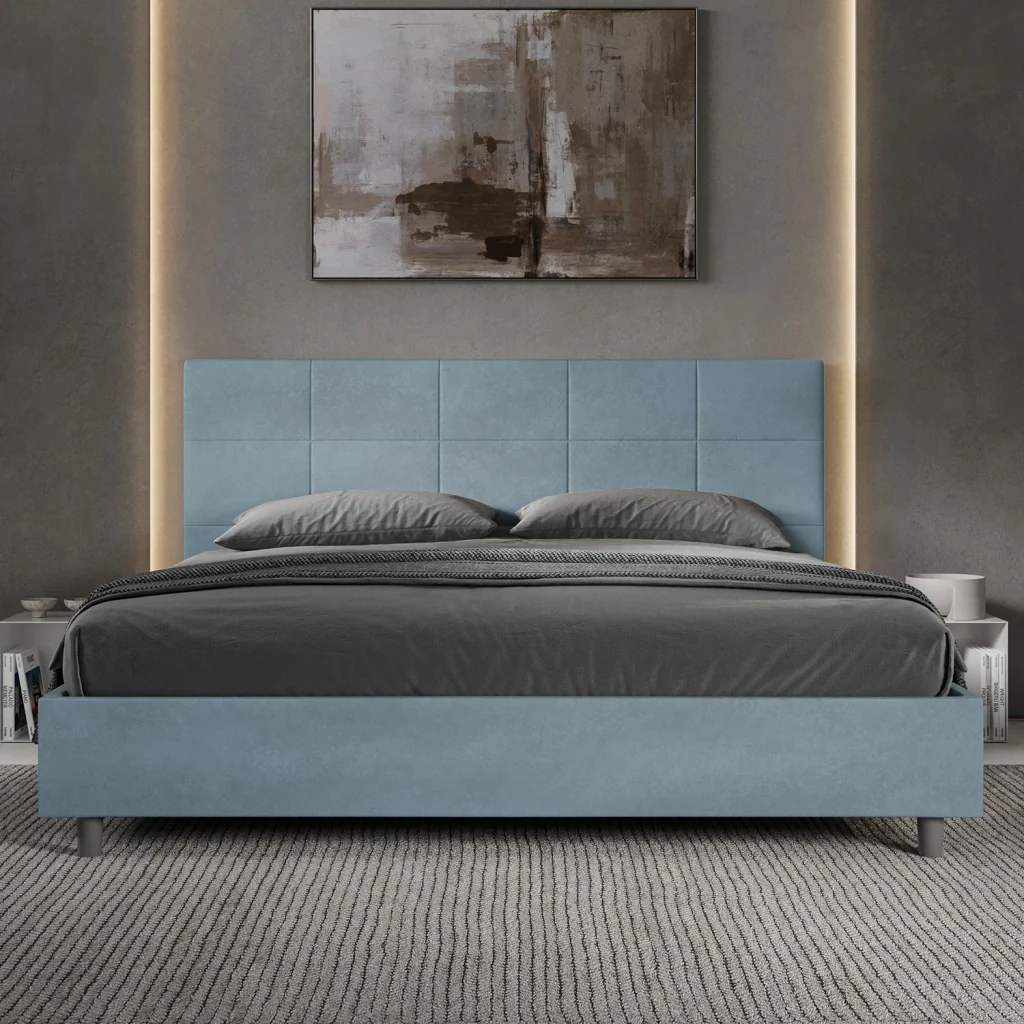 BS COM Letto matrimoniale king size con rete imbottito 190x200 microfibra azzurro - Image 3