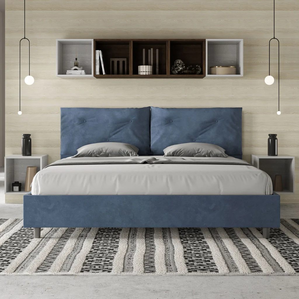 BS COM Letto matrimoniale king size con rete imbottito 190x200 microfibra blu Large - Image 2