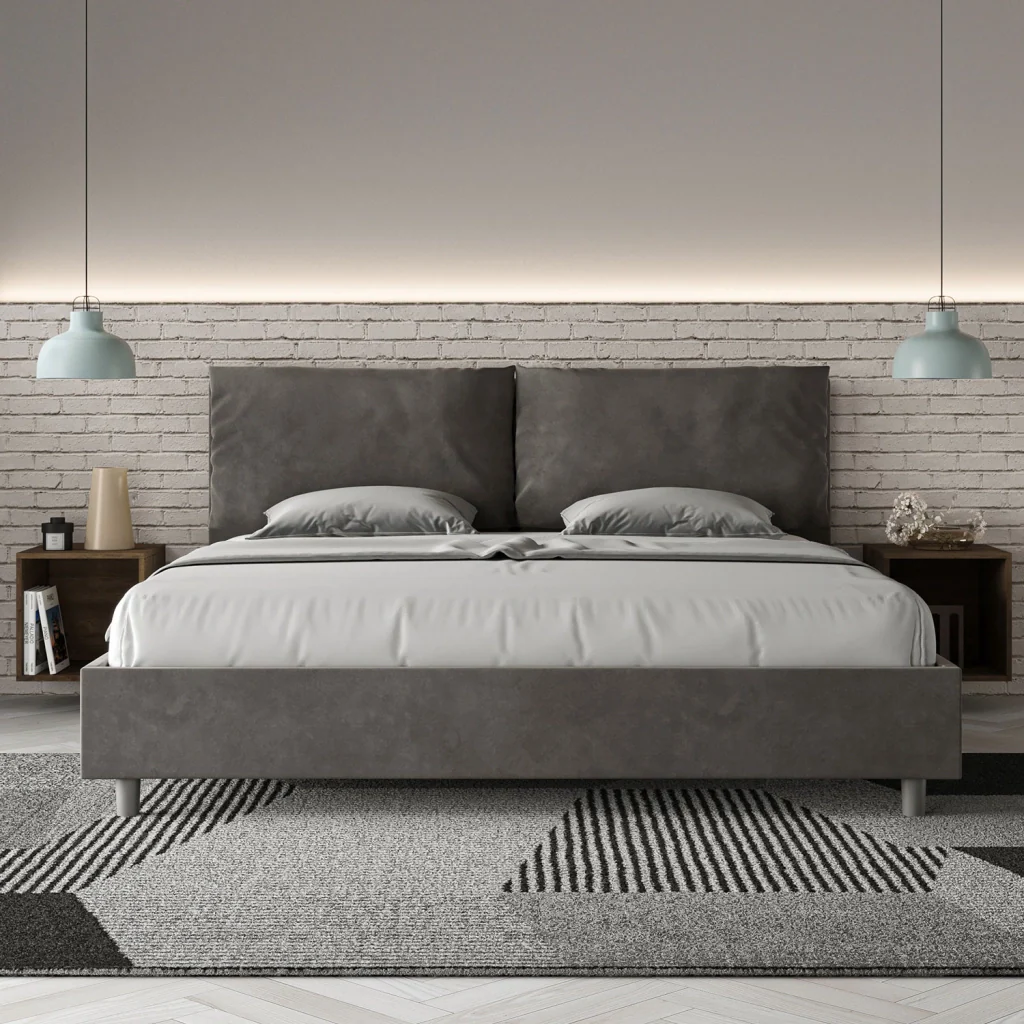 BS COM Letto matrimoniale king size con rete imbottito 200x210 microfibra grigio - Image 2