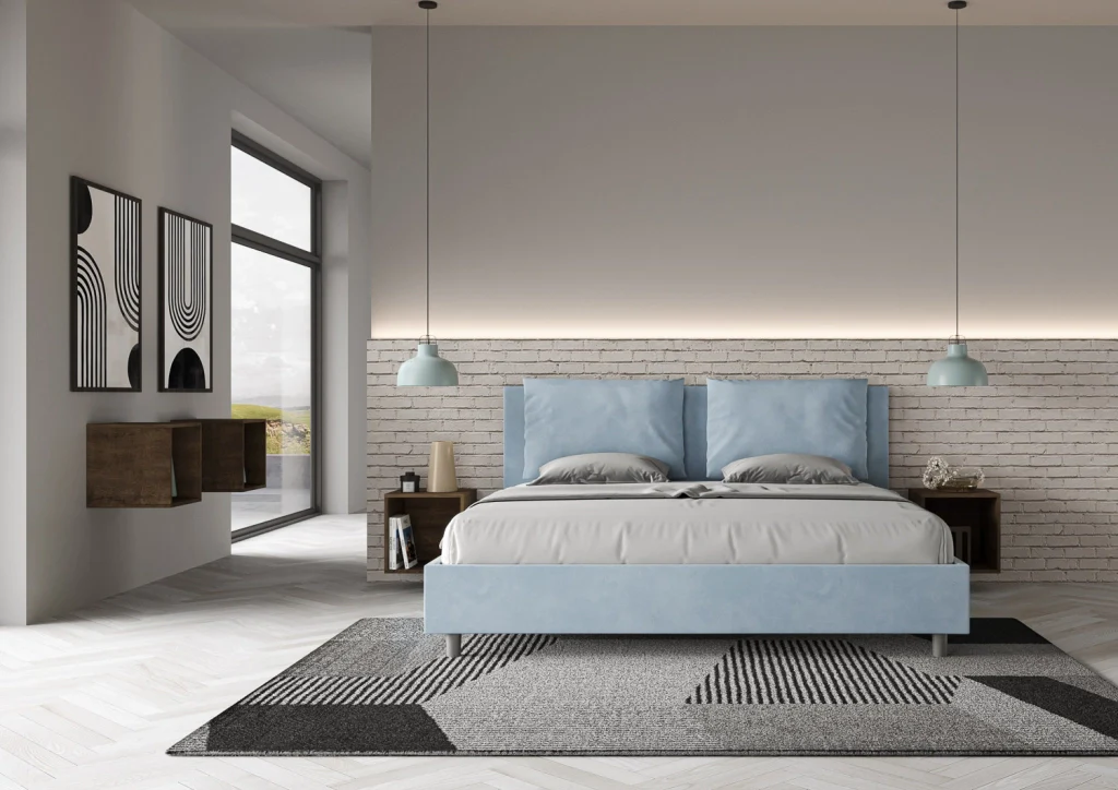 BS COM Letto matrimoniale king size contenitore imbottito 170x210 microfibra azzurro - Image 2